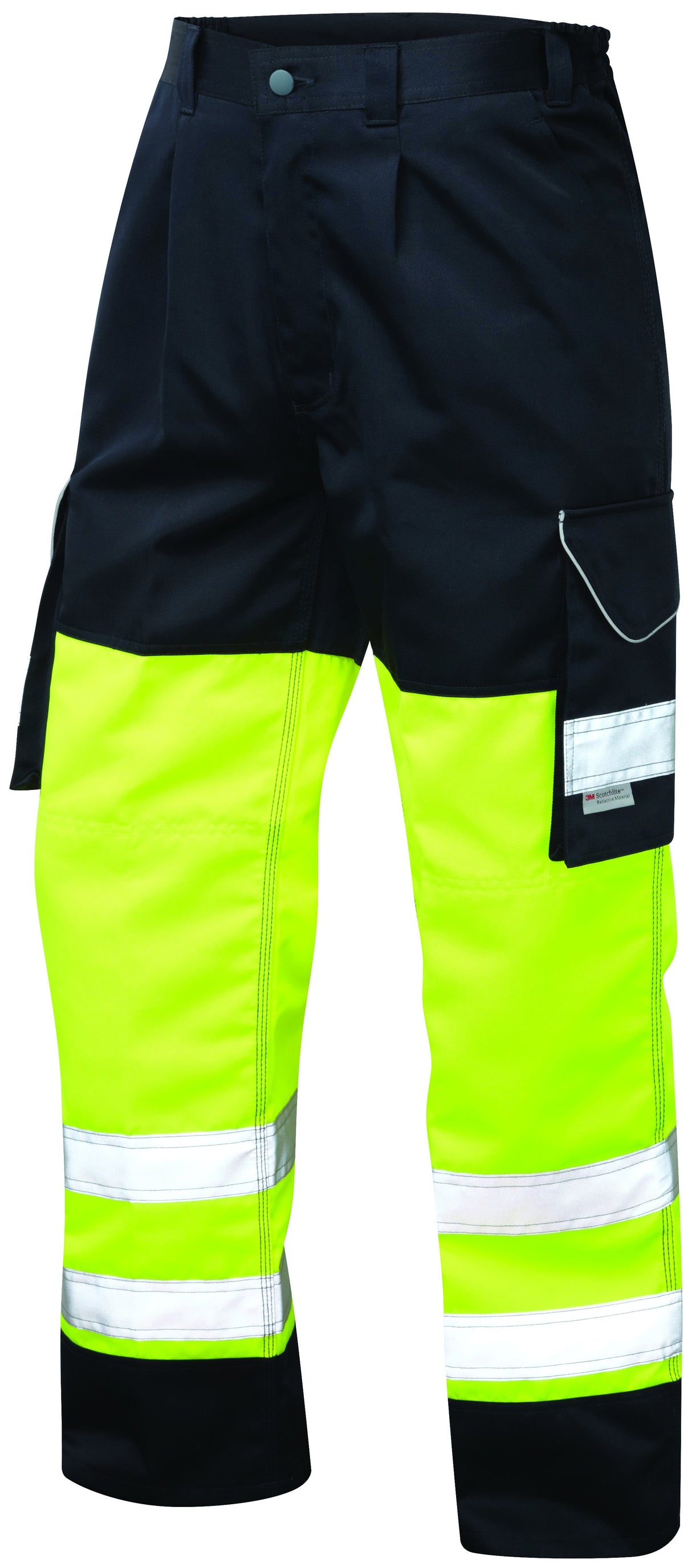 Leo Workwear Hi Vis Polycotton Two Tone Cargo Trousers - Yellow/Navy - Tall Leg
