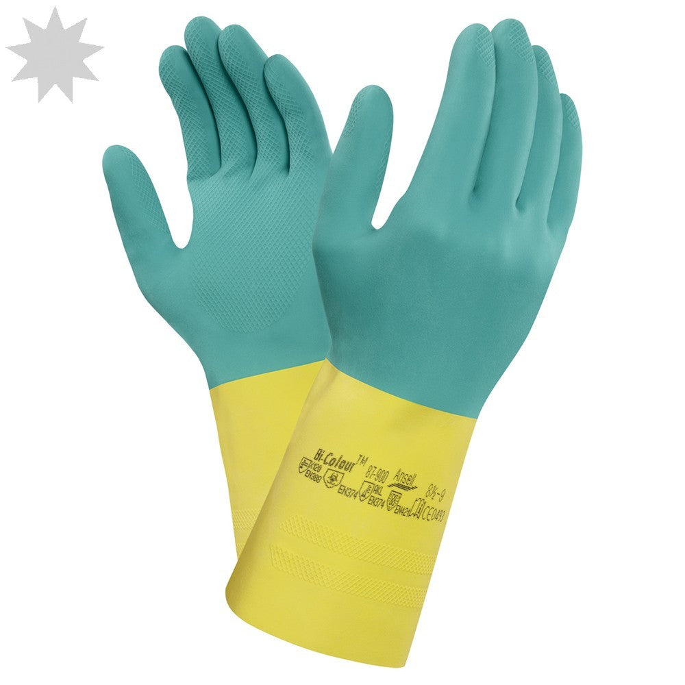 Ansell Bi-Colour 87-900 Latex Full Coated Chemical Protection Gloves - Green/Yellow
