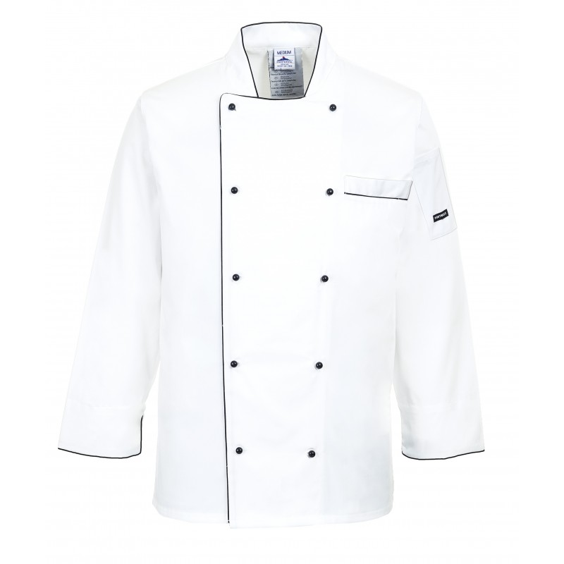 Executive Chef's Polycotton Jacket with Button Closure - WHITE with BLACK trim