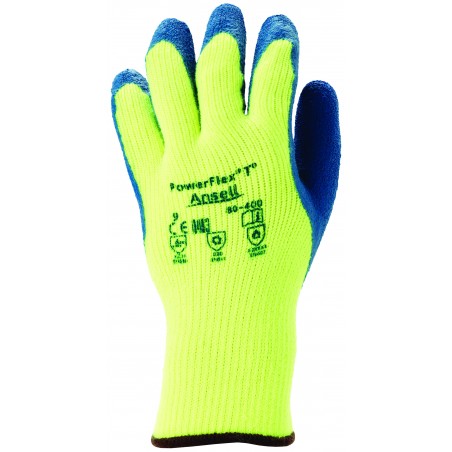 Ansell Powerflex Hi Vis Thermal Latex Palm Coated Glove - YELLOW/BLUE